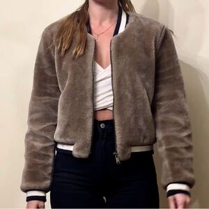 Joie Tan Teddy Jacket with Striped Trim